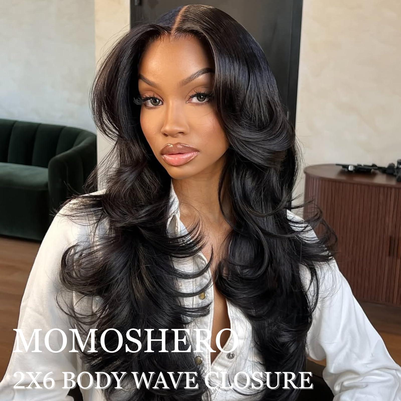 MOMOSHERO MOMOSHERO 2x6 HD Lace Closure Only 20 Inch Body Wave Human Hair, Pre Plucked Closure Sew In 2 by 6 Lace Closure Middle Part 100% Brazilian Virgin Human Hair Unprocessed 2x6 Kim K Closure Natural Black