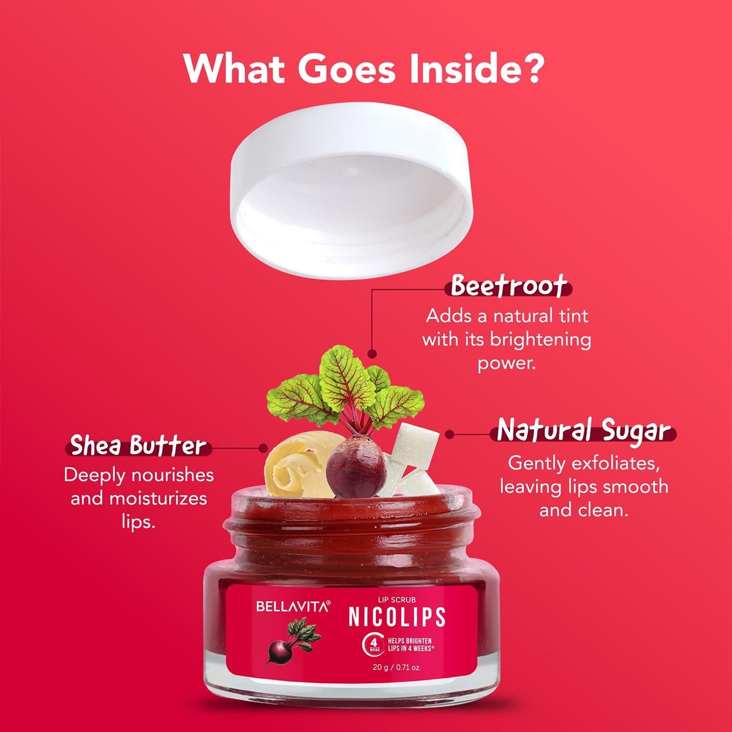 Bella Vita Organic BellaVita Luxury NicoLips Lip Scrub 20gm | Lip Balm For Exfoliation & Dark Lip Moisturizing | With Goodness of Beetroot, Shea Butter & Walnut Lip Scrub | Lip scrubber exfoliator for Women and Men