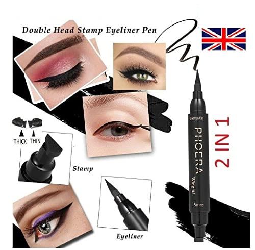 Phoera Phoera 2 in 1 Wing Cat Eye Liner + Stamp Winged Long Lasting Liquid Eye Liner Waterproof & Smudge proof Makeup Black Eyeliner Pen Winged Eyeliner Pencil - AQUAPURITY (THICK STAMP EYELINER)