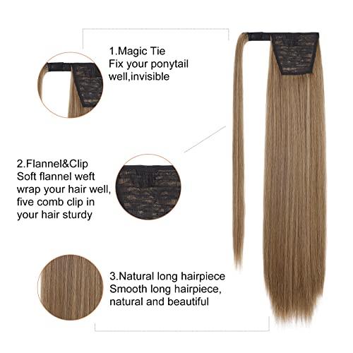 SEIKEA SEIKEA 28 Inch Clip in Ponytail Extension Wrap Around Long Straight Pony Tail Hair Synthetic Hairpiece for Women Color Ash Blonde with Golden Blonde