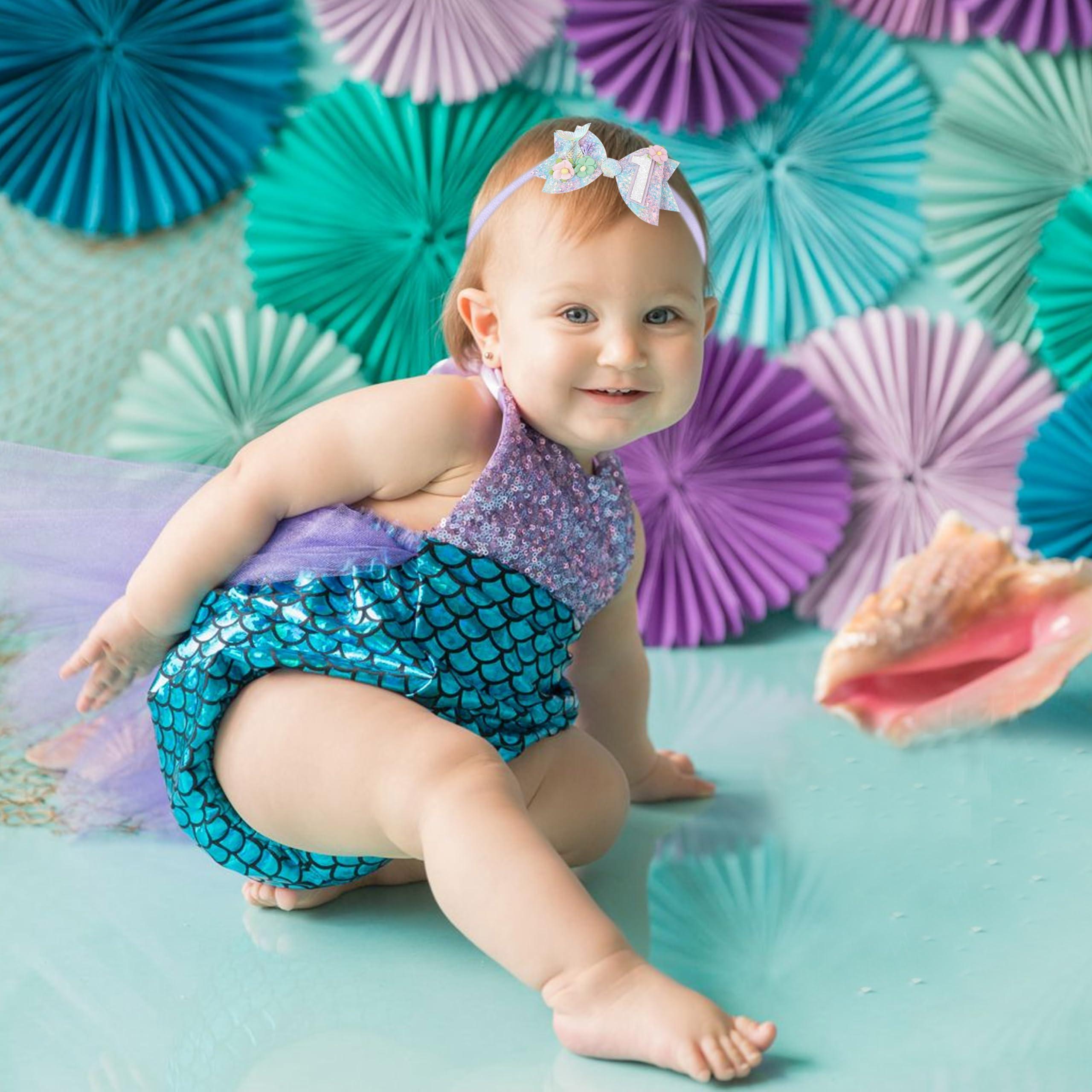 Jissoo Mermaid Birthday Hair Bow - Mermaid Birthday Decoration Hair Clips,Mermaid Hair Bow,Mermaid Bow For Girls,Cake Smash Prop ((1st))