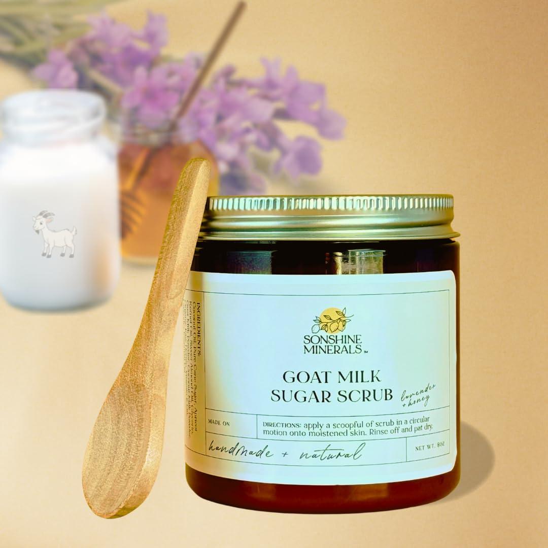 SONSHINE MINERALS Lavender Honey Goat Milk Sugar Scrub - Whipped with Coconut Milk for Silky Smooth Skin; Targets Bumpy Arms & Gentle on Sensitive Skin - Made in USA