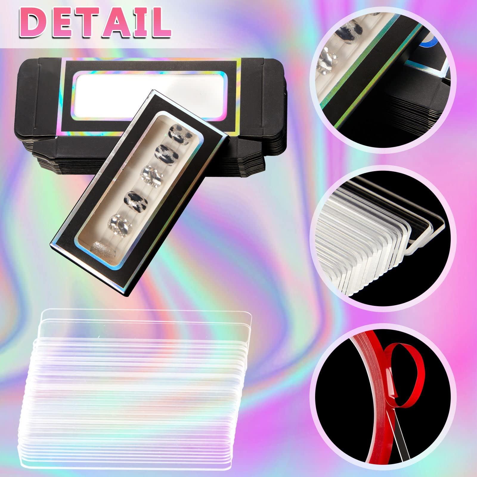 Crtiin Crtiin 60 Pcs Empty Press on Nails Packaging Box Set 30 Clear Glitter Paper Eyelash Storage Box and 30 Acrylic Nail Display Stand Holder with 1 Red Double Sided Tapes for Salon Home Office