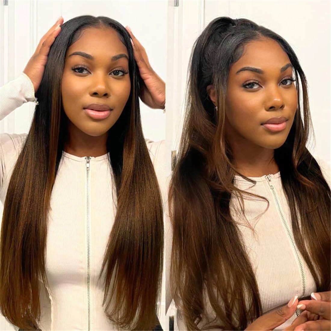 YIROO YIROO V Part Wig Human Hair No Leave Out Ombre Chestnut Brown Yaki Straight Glueless Human Hair Wig Upgrade U Part Wigs for Women V Shape Clip in Half Wig No Glue No Sew in Beginner Wig 18inch