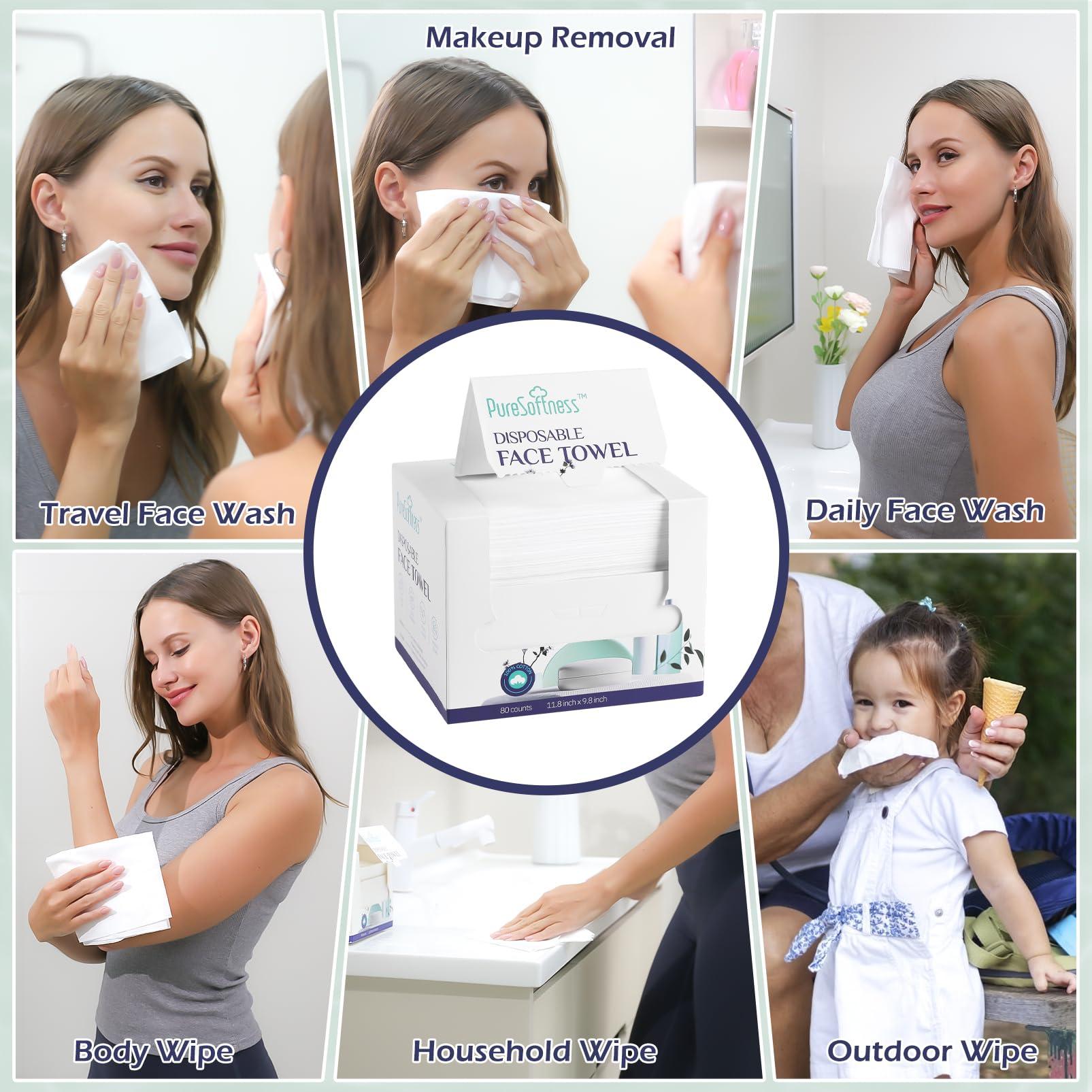 PureSoftness PureSoftness Disposable Face Towel, 100% Cotton, Extra Large 12\" x 10\", Soft Dry Wipe Face Wash, Makeup Remover, Biodegradable Towelette for Sensitive Skin 320 Count (4 Pack)