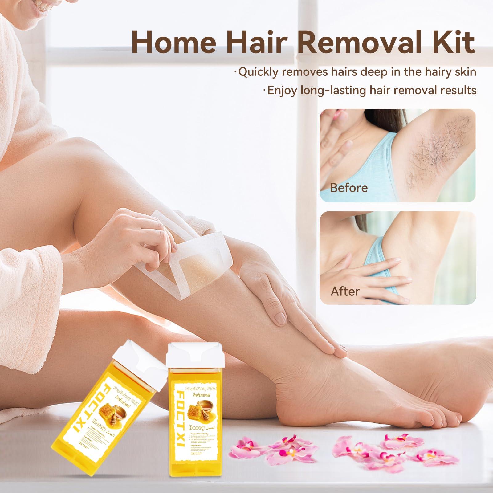 FOCTXI FOCTXI Roll On Waxing Kit for Sensitive Skin - Hair Removal with 2 Honey Soft Wax Cartridges and 100 Non-Woven Wax Strips, 10 Wipes