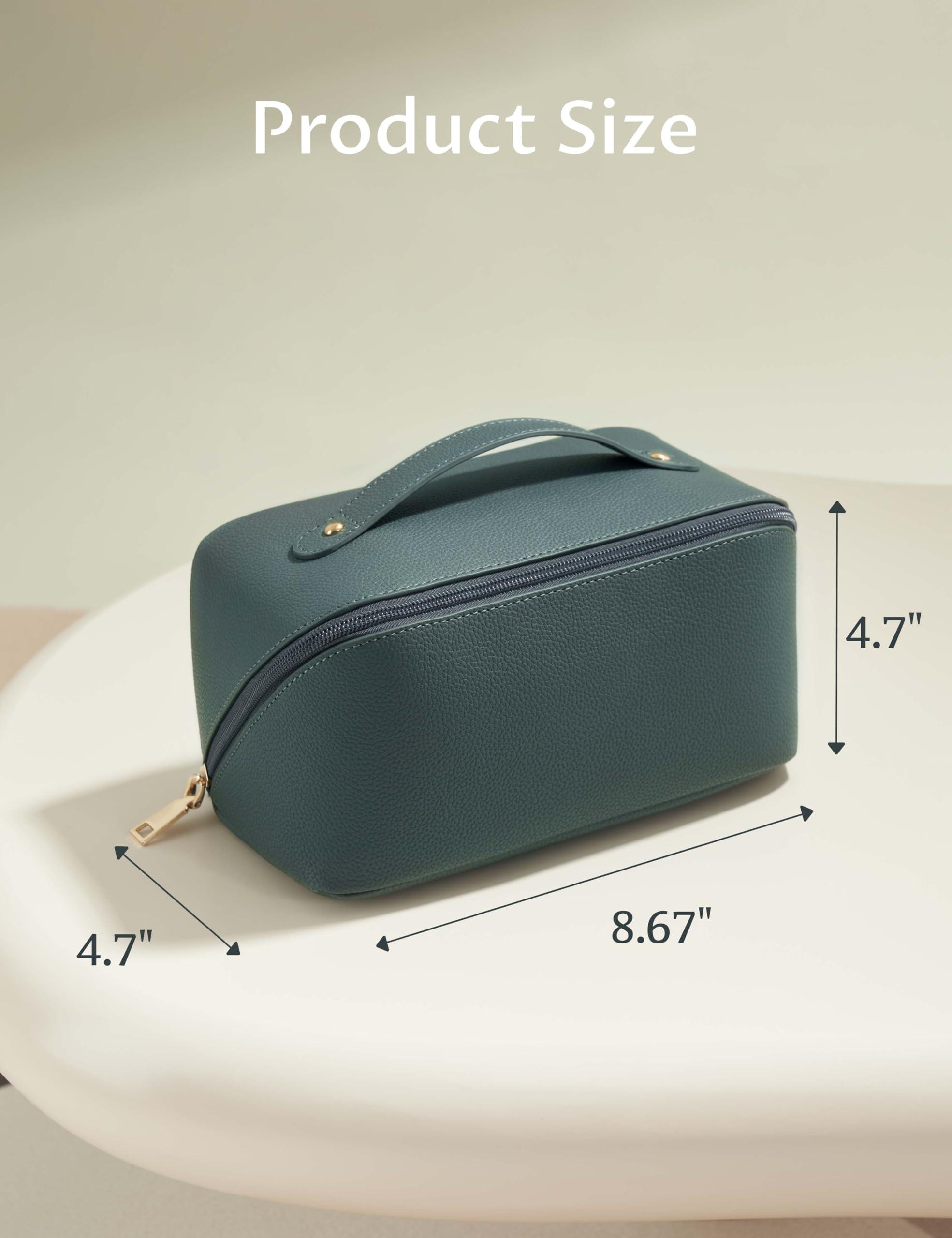 Yarnic Yarnic Green Travel Makeup Bag Pouch Cosmetic Bag, Large Capacity Toiletry Bag for Women, Portable Pouch Cute Make Up Organizer with Divider and Handle, PU Leather (Gray Green)