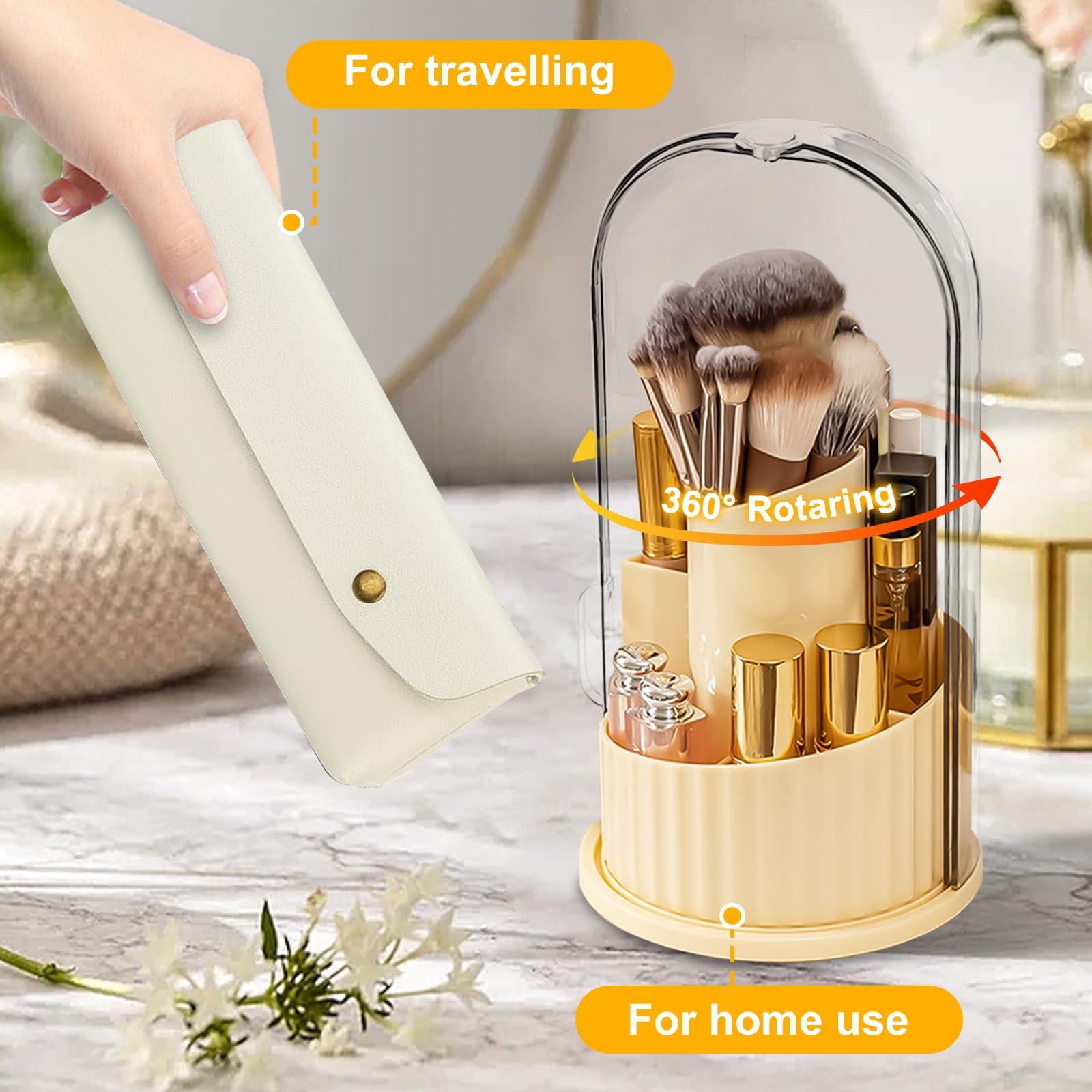 Segutage Makeup Brush Holder with Lid, 360 Rotating Makeup Brush Organizer with Cosmetic Bag Women Dustproof Cosmetics 5 Slots Makeup Brush Storage Cup for Vanity Desktop Bathroom Countertop (Cream White)
