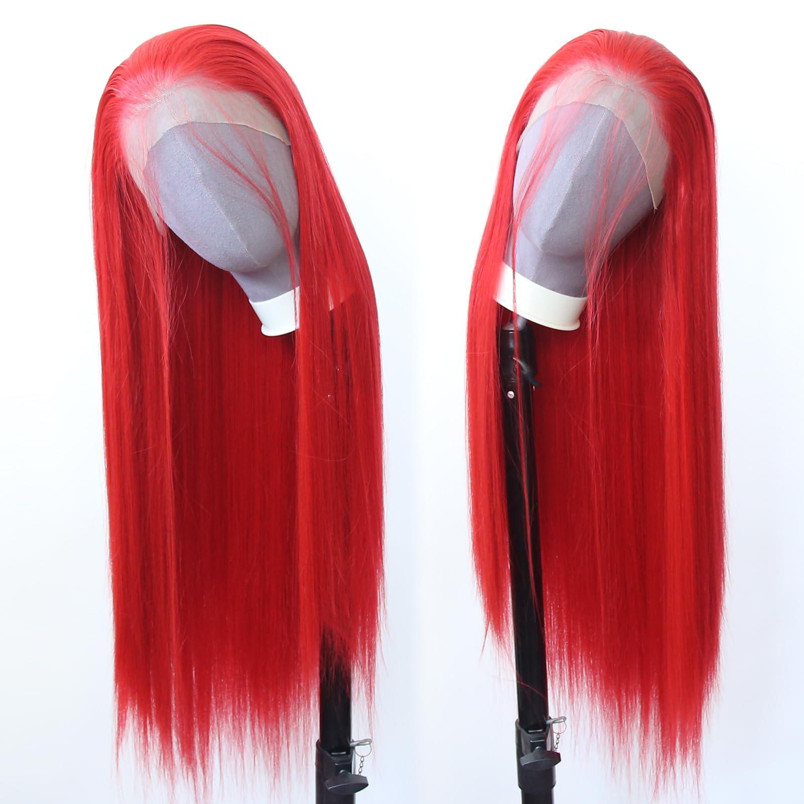 zigzag hair zigzag hair Red Wig Long Straight Bright Red Synthetic Lace Front Wigs Pre Plucked with Natural Hairline for Fashion Women Heat Resistant Hair Red Glueless Synthetic Lace Wig (Bright Red)