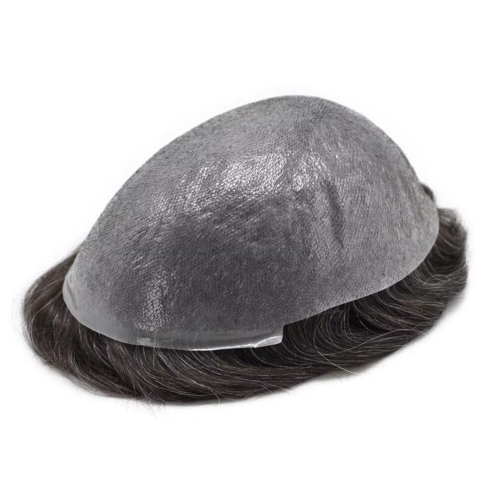 JUST HAIR Super Thin Skin Mens Toupee 0.03mm Ultra Thin PU Toupee for Men Hair System V-Looped Mens Hairpiece Natural Hairline Prosthesis Human Hair Replacement 8X10\"-100% density#220 Darkest Brown+20% Gray