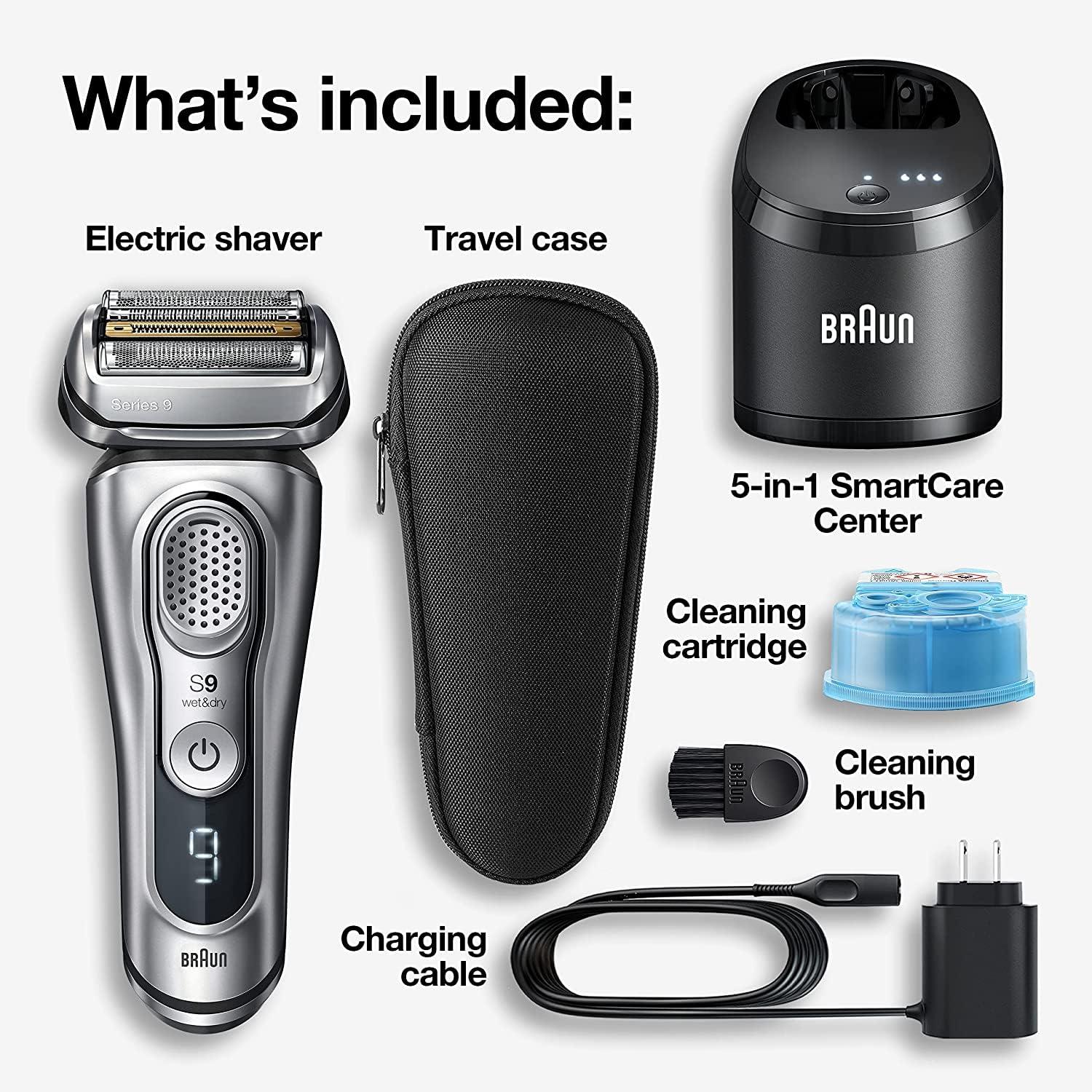 Braun Braun Electric Razor for Men, Waterproof Foil Shaver, Series 9 9390cc, Wet & Dry Shave, With Pop-Up Beard Trimmer for Grooming, Cleaning & Charging SmartCare Center and Leather Travel Case, Silver