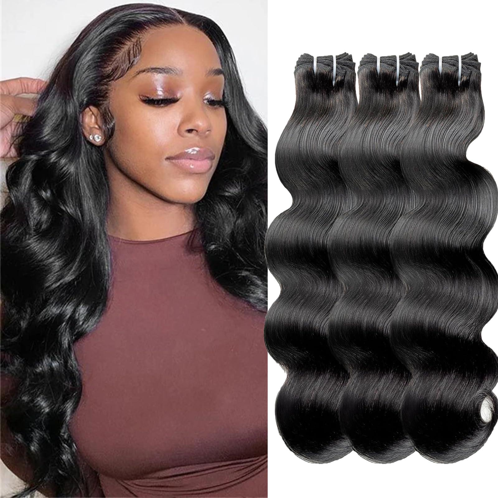 HAIRHOBBY RAW Body Wave Bundles Human Hair, 16 18 20 Inch Virgin Hair Bundles 100% Unprocessed Indian Wavy Bundles Hair Extensions 3 Loose Wave Bundles Natural Black, Triple Lifespan Than Regular Virgin Hair