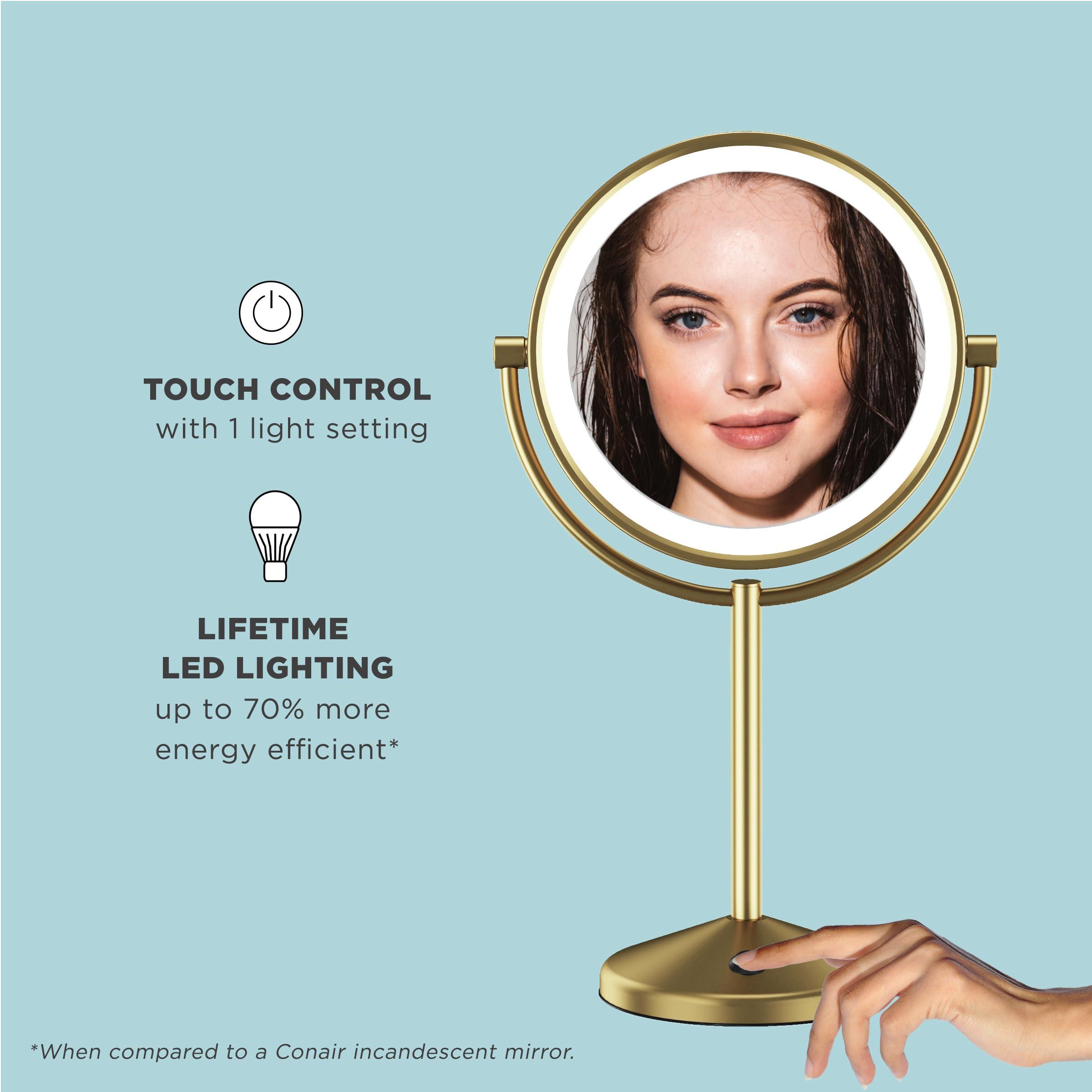 Conair Conair Lighted Makeup Mirror, LED Vanity Mirror, 1X/10X Magnifying Mirror, Double Sided, Battery Operated in Brushed Brass