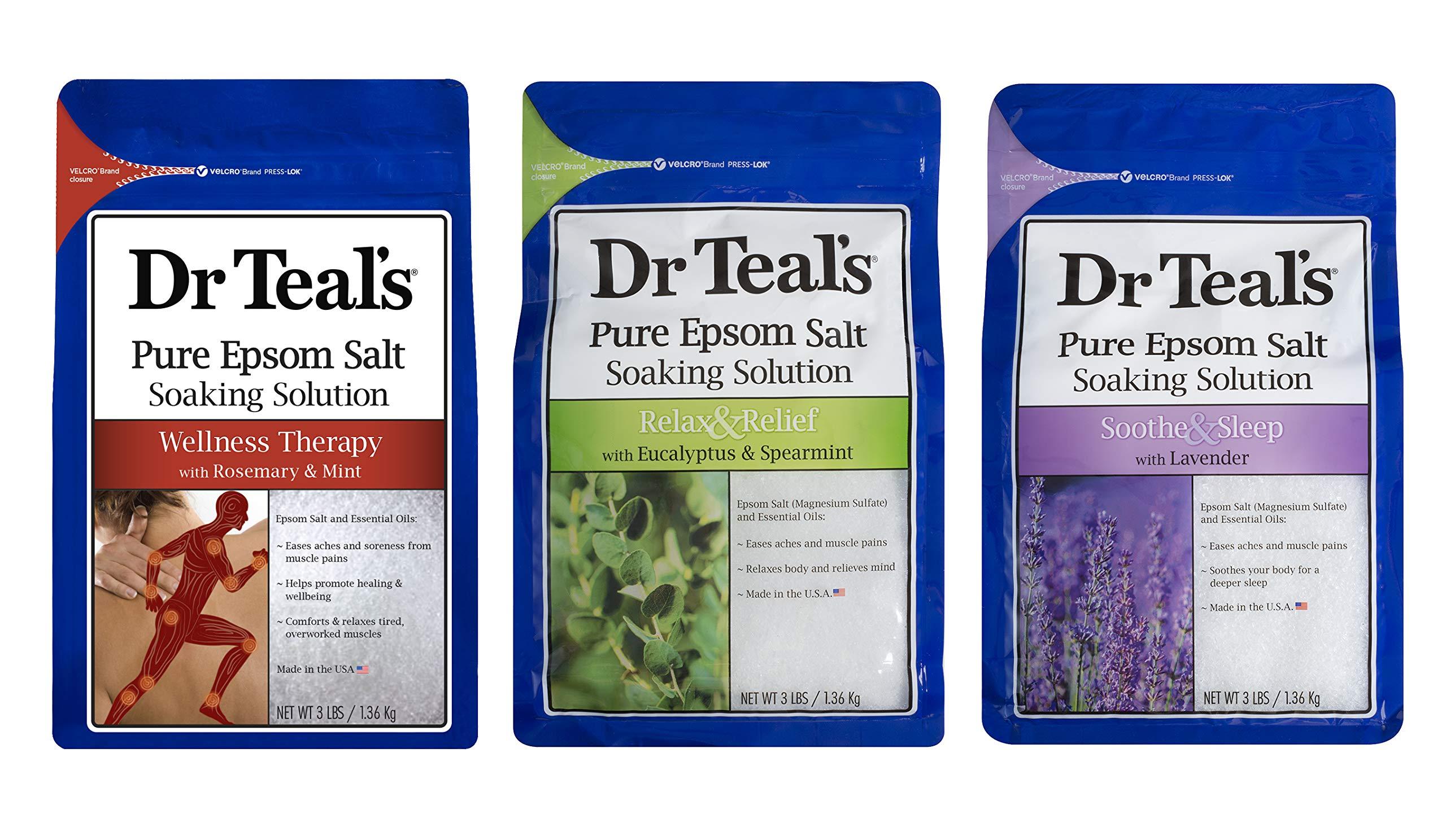 Dr Teal's Dr. Teal's Pure Epsom Salt Soaking Solution Gift Set (3 Pack, 3lbs ea.) - Soothe & Sleep Lavender, Relax & Relief Eucalyptus with Spearmint, Wellness Therapy with Rosemary & Mint