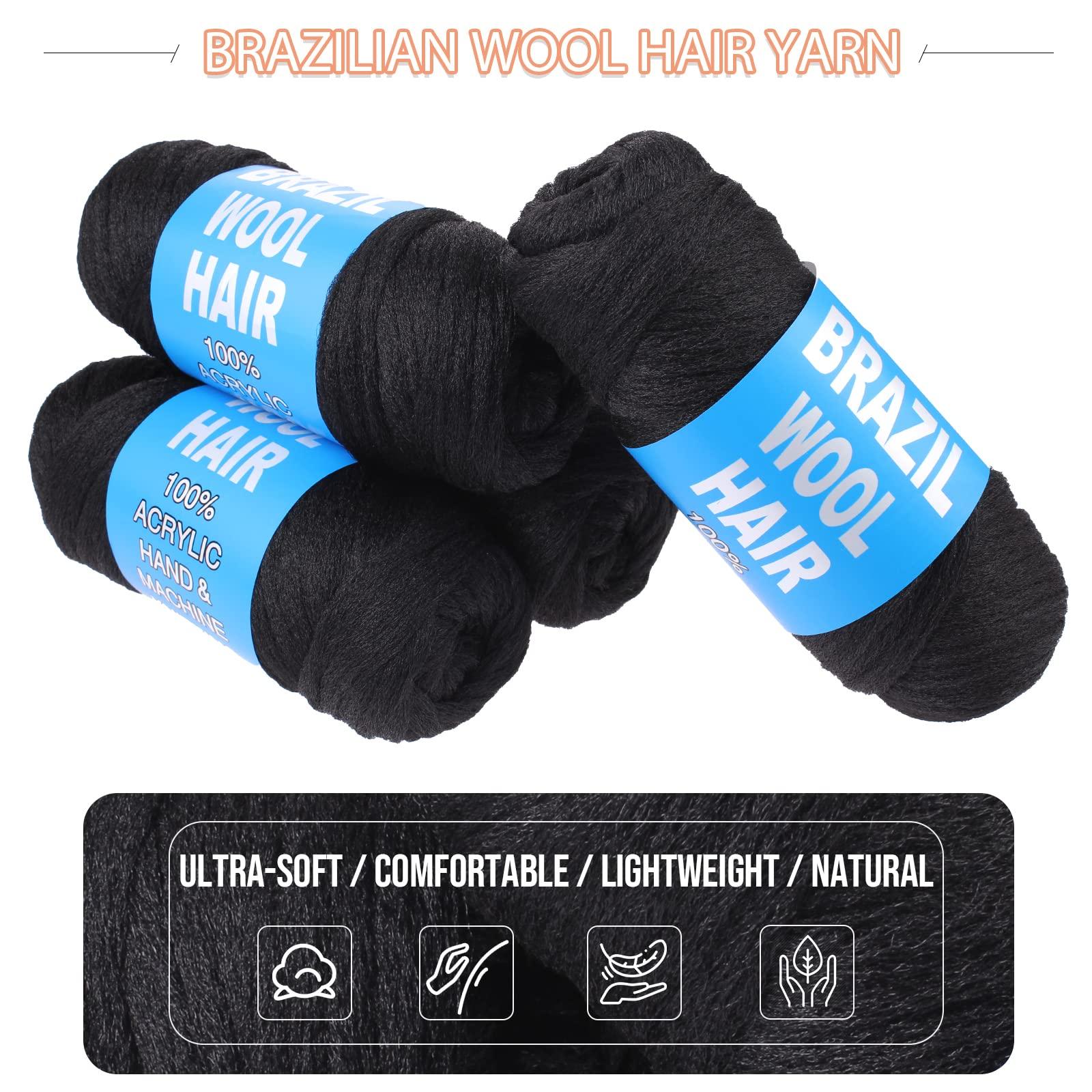RuiYok RuiYok 4 Pcs Natural Black Brazilian Wool Hair for Braiding Hair Acrylic Yarn Crochet Box Braids Senegalese Twist Jumbo Braids Faux Locs Crochet Hair for Women Synthetic Braiding Hair Extensions(#1B)