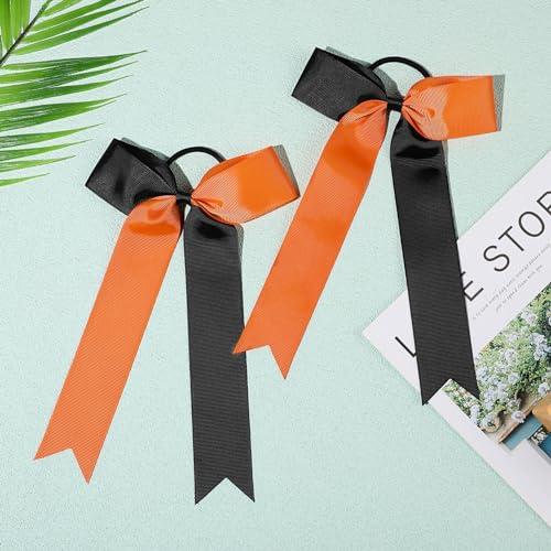 DEEKA DEEKA 16 PCS Collegiate Style Ponytail Holders - Long Tail Skinny Handmade Bows for Girls, Teens, Softball, Cheerleaders - Orange/Black