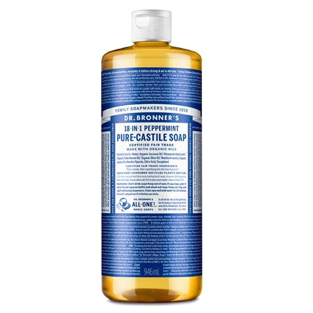 Dr. Bronner's Dr. Bronners - Pure-Castile Liquid Soap (Peppermint, 32 ounce) - Made with Organic Oils, 18-in-1 Uses: Face, Body, Hair, Laundry, Pets and Dishes, Concentrated, Vegan, Non-GMO
