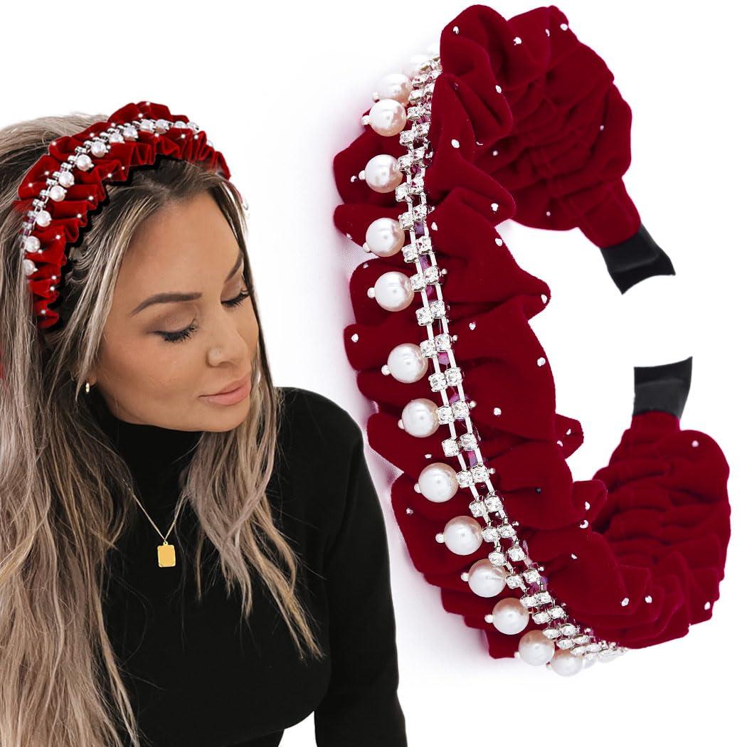 Coridy Coridy Red Headbands Pearl Headband Rhinestone Head Band wrinkle hairband Glittering Jewelry velvet Hair Hoop For Women (Red)