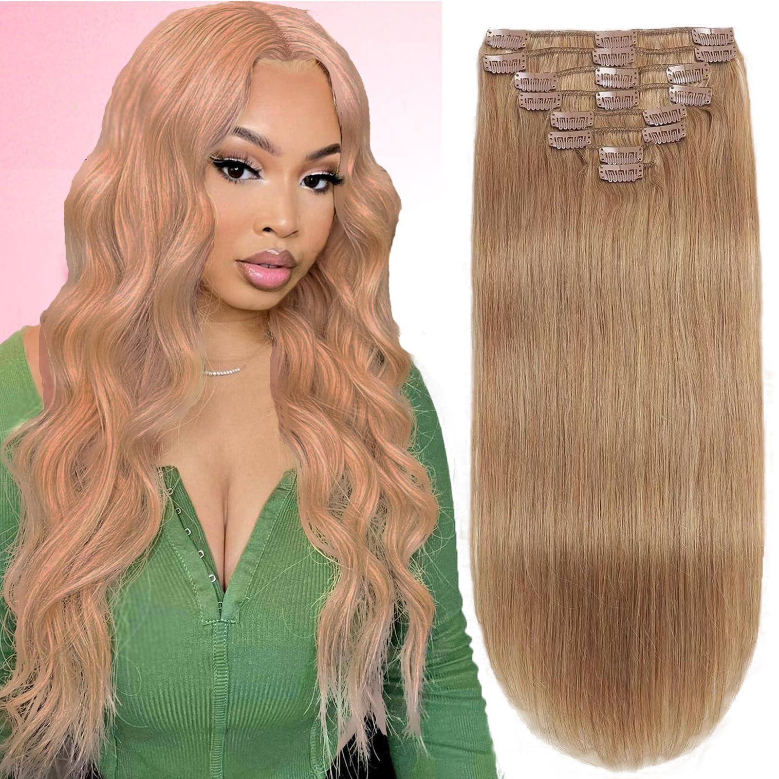 FZV Honey Blonde Clip in Hair Extensions Real Human Hair Clip Ins 110g 100% Human Hair Extension for Women 8pcs/set with 18clips Clip on Hair Extensions Double Weft Blonde Hair(16 Inch #27)