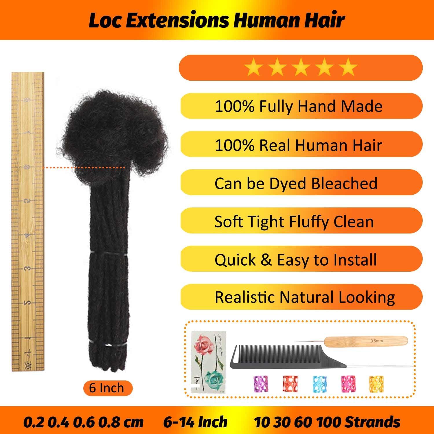 LIKIMIYA Loc Extensions Human Hair Dreadlock Extensions Human Hair Loc Extensions Dreads Extensions for Men Women Kids 0.6 cm 6 Inch 60 Strands Real Human Hair Locs 1B Natural Black Handmade Permanent Locs