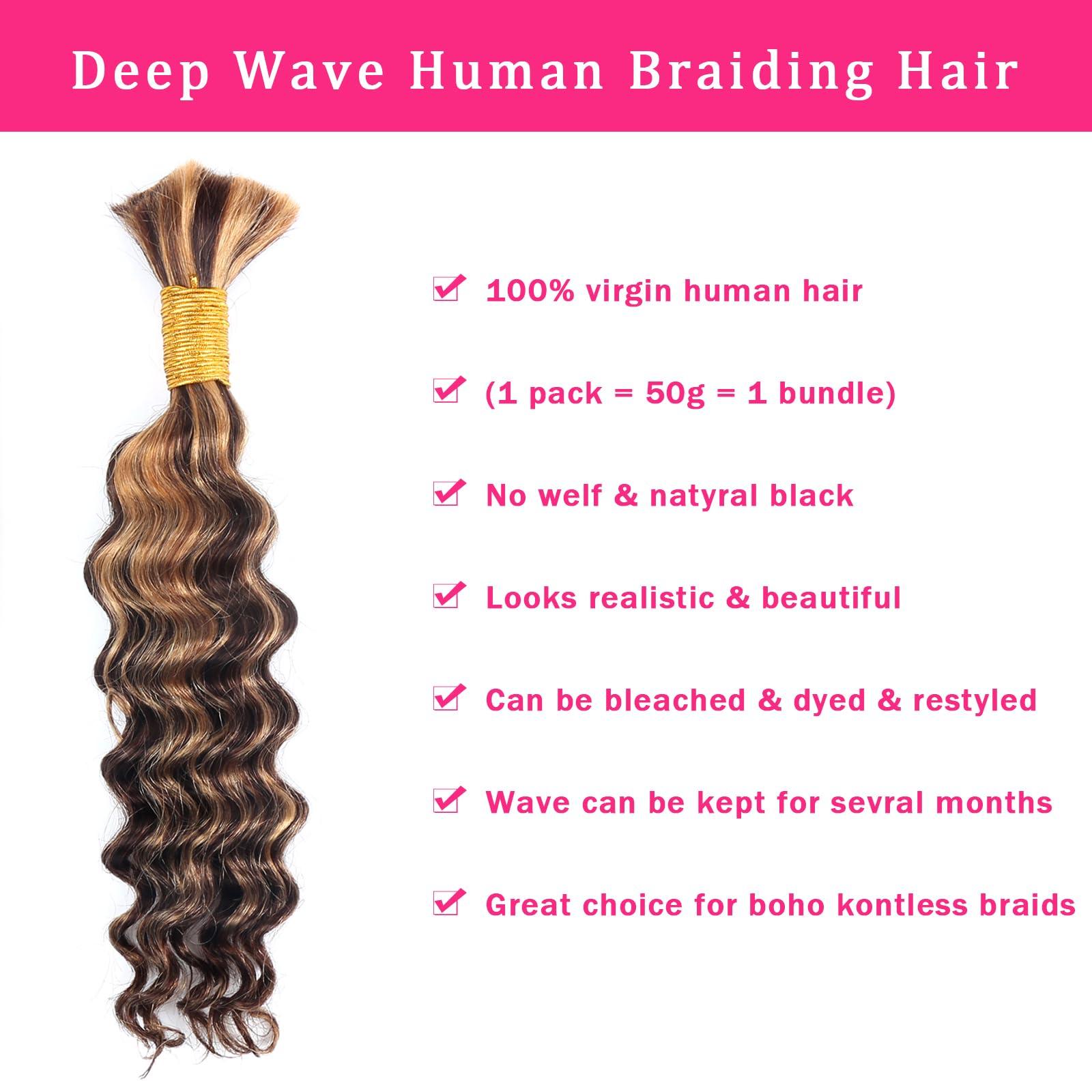 B-fashion Human Braiding Hair for Boho Braids Highlight Deep Wave Bulk Human Hair for Braiding 14 Inch 1 Bundle 50G P430 Brazilian Wet and Wavy Curly Ombre Human Hair Braiding Hair Extensions No Weft Bundles