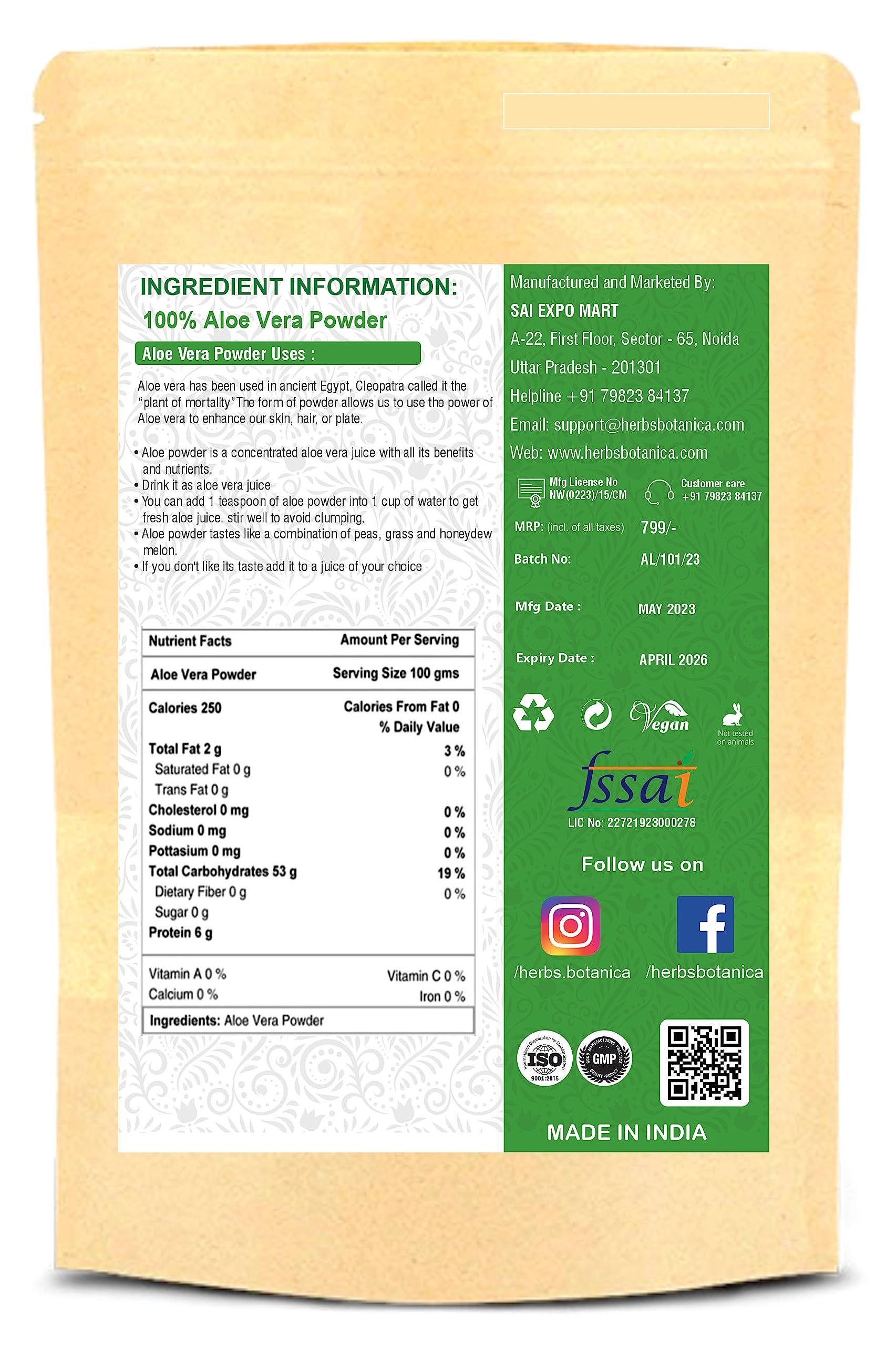 Herbs Botanica Herbs Botanica Aloe Vera Powder Organic for Hair Growth, Skincare, Haircare Organic, Moisturizing, and Soothing Aloe Barbadensis Vegan NO GMO 5.3oz /150g