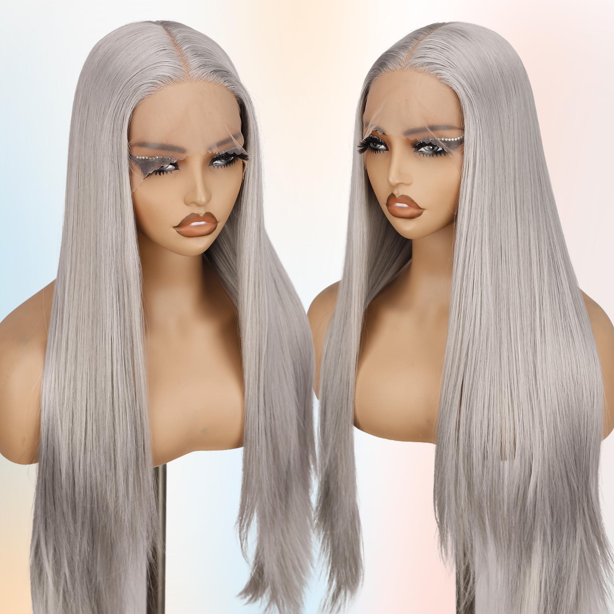 BLL BLL Silver Lace Front Wig, 30 Inch Gray Straight Hair Synthetic Ash White Lace Front Wigs For Women (Silver, 30 Inch)
