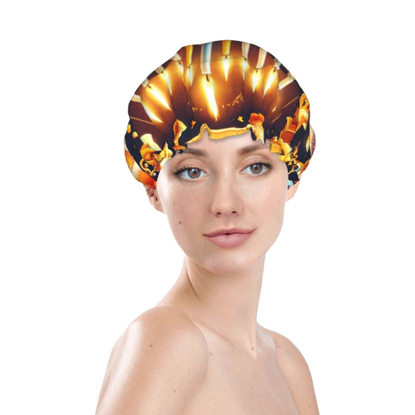 Augenstern Women Reusable Shower Cap Happy-Hanukkah-Jewish-Menorah Double Layers Waterproof Elastic Band Bath Hair Hat Stretch Hem Hair Hat