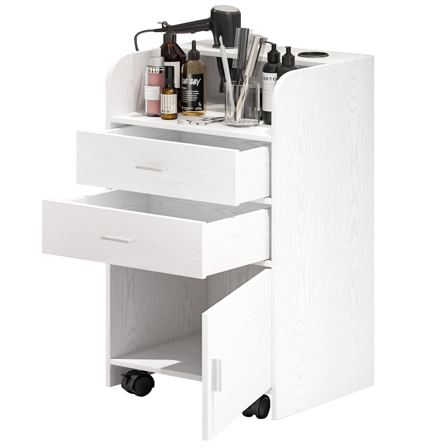 4ever2buy Beauty Salon Station, Rolling Beauty Station for Hair Stylist, Hair Salon Station Storage Cabinet with Wheels, Salon Table with 2 Drawers, Stylist Storage Cabinet with 2 Hair Dryer Holders (White)