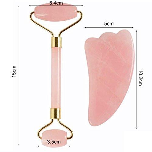 fengshuisale Feng Shui Anti Aging Jade Roller for face and Gua Sha Scraping Massage Tool Set Therapy, New 100% Natural Rose Quartz Jade Roller & Gua Sha Set W3405