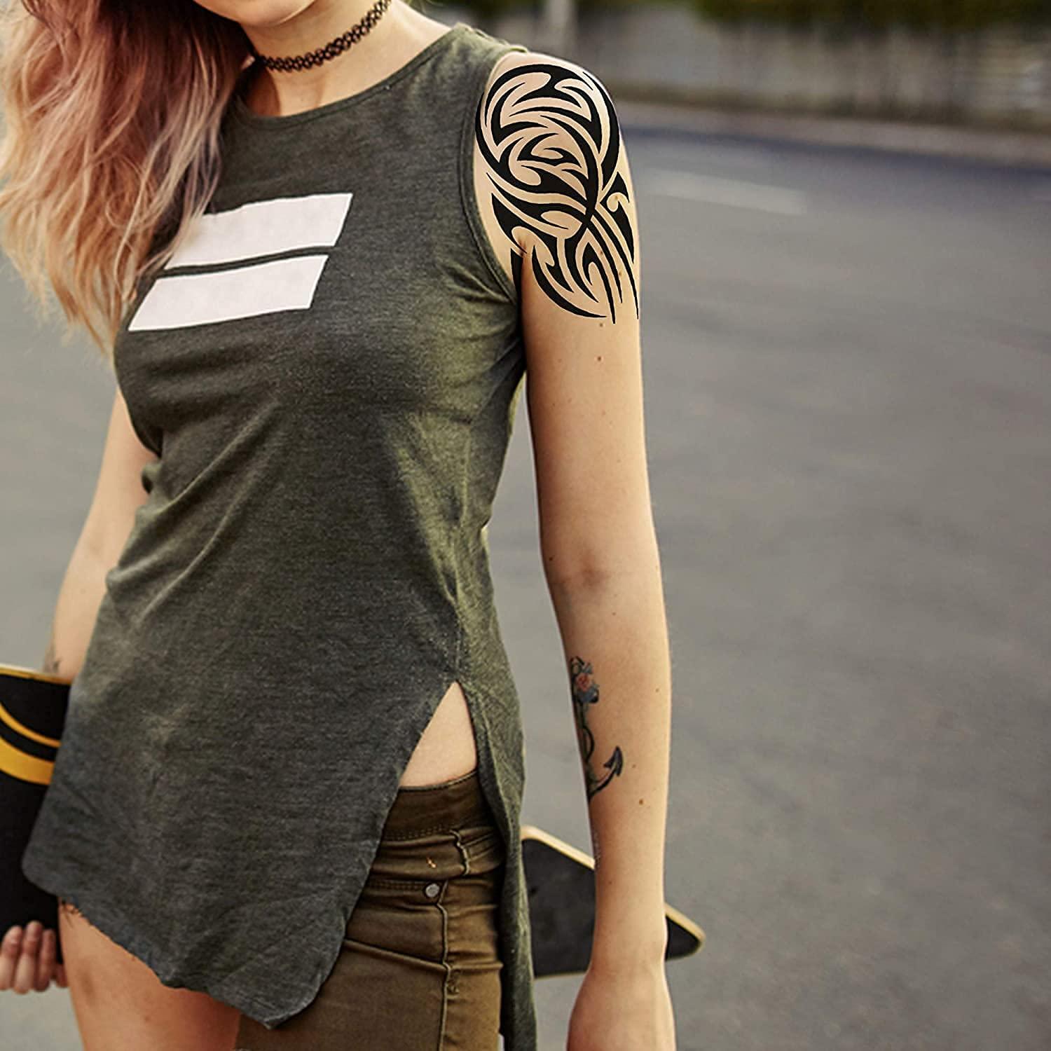 Tatodays Tatodays Temporary tattoo Hawaiian Maori shoulder stick on black Maori tribal body art sticker transfer for arms shoulder Aztec Polynesian Samoan for adult men and women luau fancy dressparty