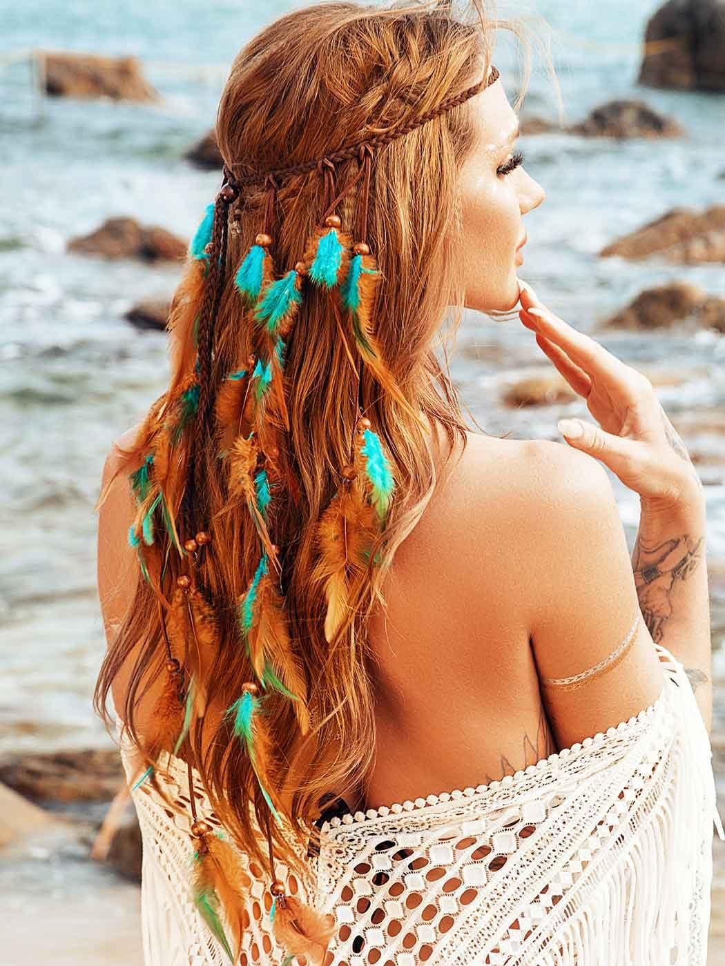 GORTIN GORTIN Boho Feather Headband Gypsy Costume Headdress Black Bohemian Hippie Headbands Indian Festival Hair Band Adjust Long Feather Headpiece Hair Accessory for Women and Girls (Blue+Brown)