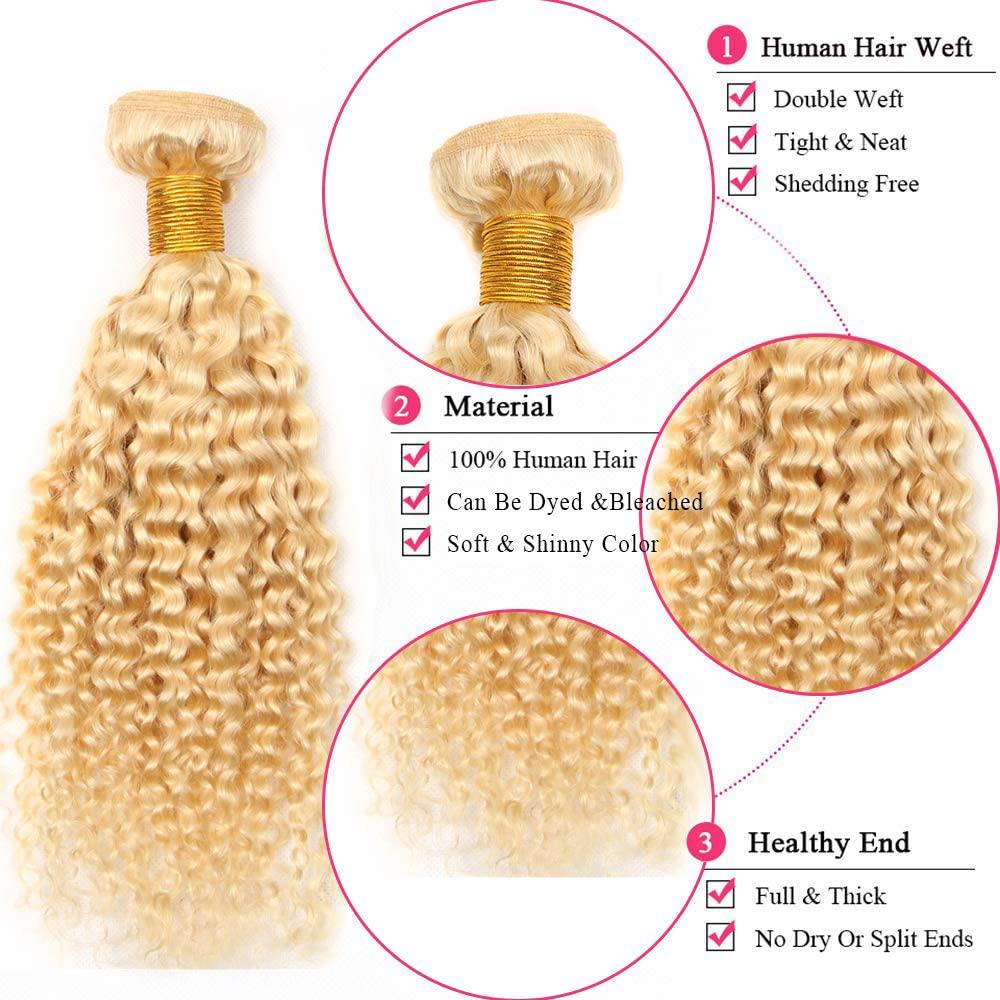 Freiuoke 613 Bundles Human Hair Blonde Kinky Curly Human Hair Bundles Brazilian Unprocessed Virgin Hair 3 Bundles 12 12 12 Inch 613 Kinky Curly Human Hair Bundles Hair Weave for Women