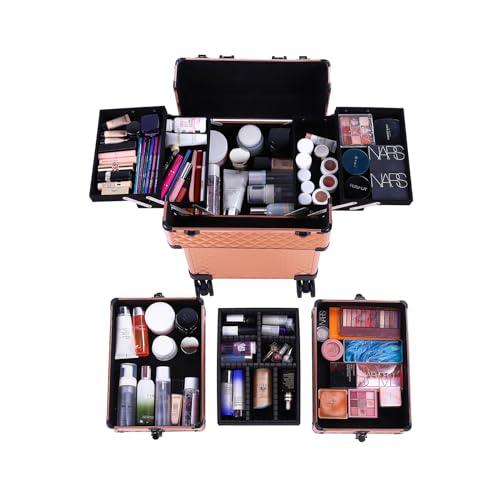 sheeroy sheeroy 4 in 1 Rolling Makeup Case, Cosmetic Train Case Trolley Traveling Make Up Cart with Key Swivel Wheels for Makeup Artist, Hairstylists, Nail Tech Stylist - Rose Gold