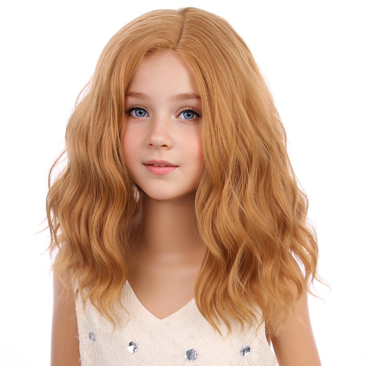 PATTNIUM PATTNIUM Strawberry Blonde Wig for Kids Child Short Curly Wavy Blonde Brown Wig Girl Side Part Shoulder Length Hair Synhhetic Wig