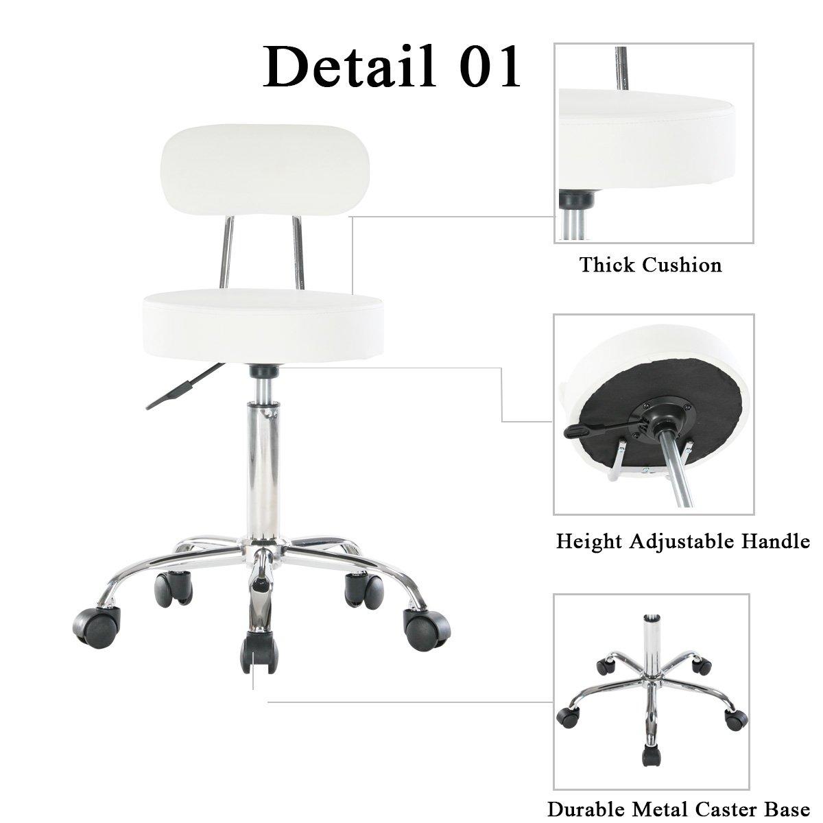 Artechworks Artechworks Adjustable Rolling Swivel Massage Stool for Salon Spa Tattoo Facial Medical Office Chairs with Backrest Wheels and Metal Plate Frame White (1 Pcs)
