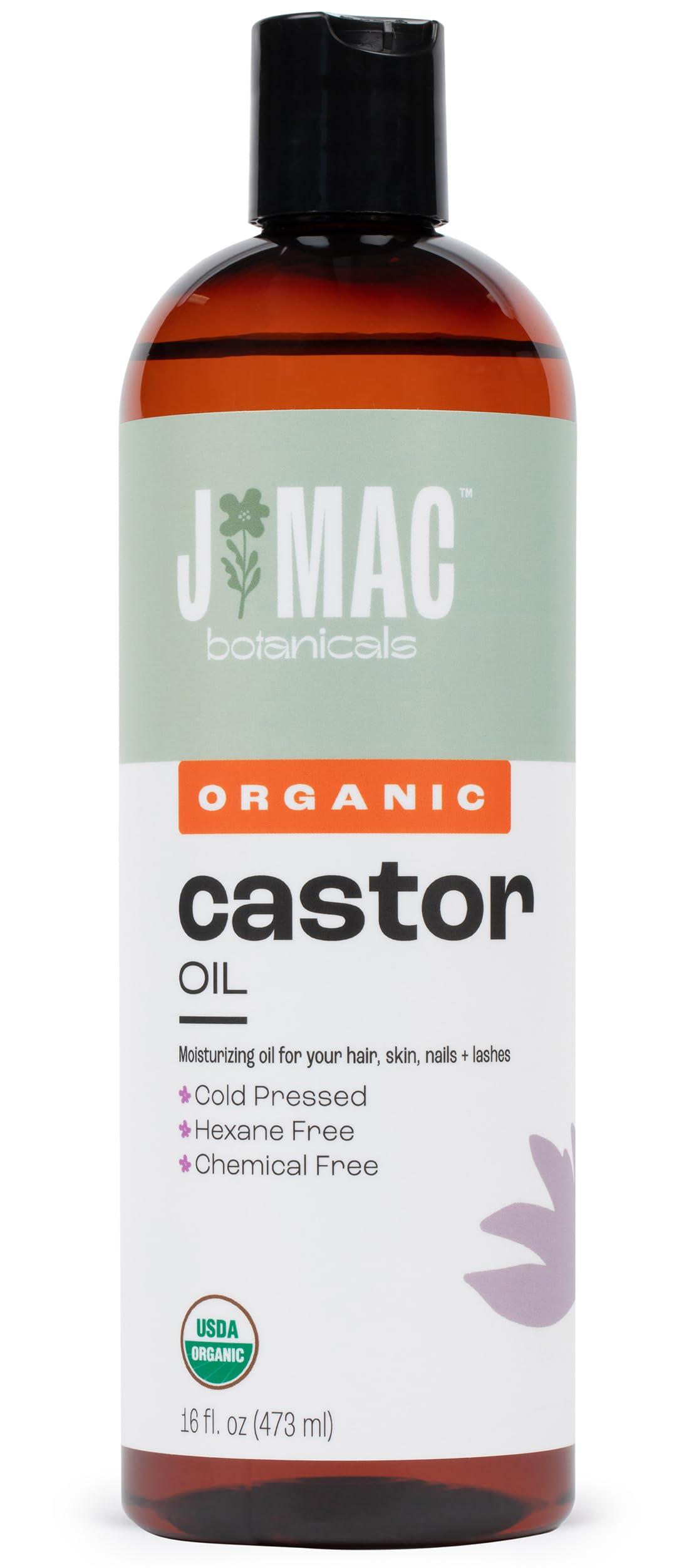 J MAC BOTANICALS Organic Castor Oil, Cold Pressed (16 oz) BPA Free, Castor hexane free, for face, skin, eyelashes, Certified USDA Organic