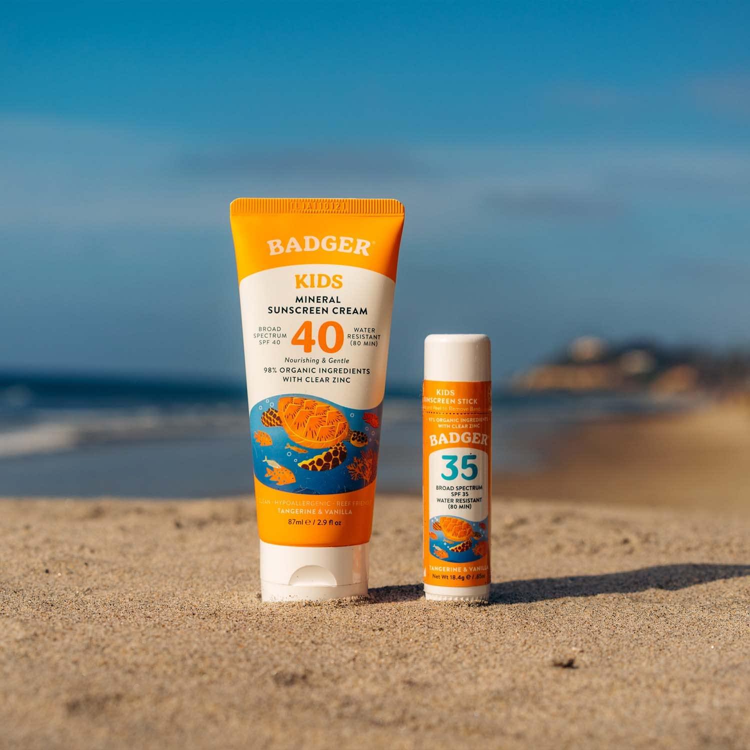 Badger Badger Kids Mineral Sunscreen Combo, SPF 40 Cream and SPF 35 Face Stick, Reef Safe Broad Spectrum Water Resistant with Zinc Oxide, Tangerine and Vanilla