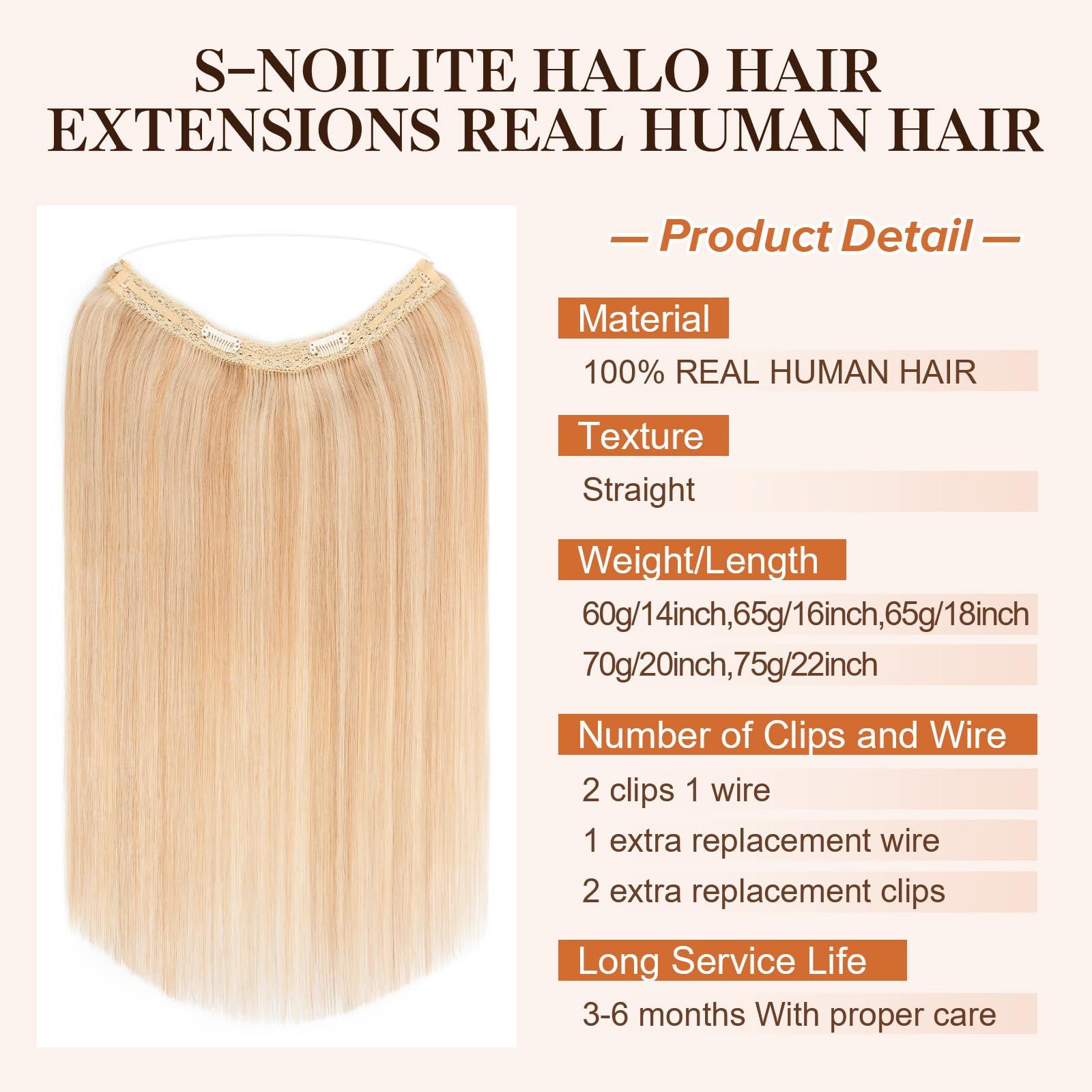 S-noilite Halo Hair Extensions Real Human Hair,S-noilite Halo Hair Extensions,Halo Hair Extension for Women,100% Human Hair Halo Extensions,Halo Hair 70g/20inch 18P613 Gold Blonde Mixed Bleach Blonde