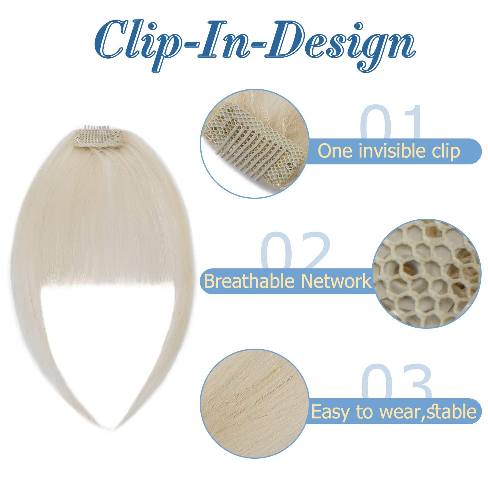 SLEEKALON SLEEKALON Clip in Bangs Human Hair Platinum Blonde Air Bangs Remy Hair Clip On Bang Hairpiece for Women Curved Bangs Hair Clip Fringe with Temples for Daily Wear(#60-Platinum Blonde)