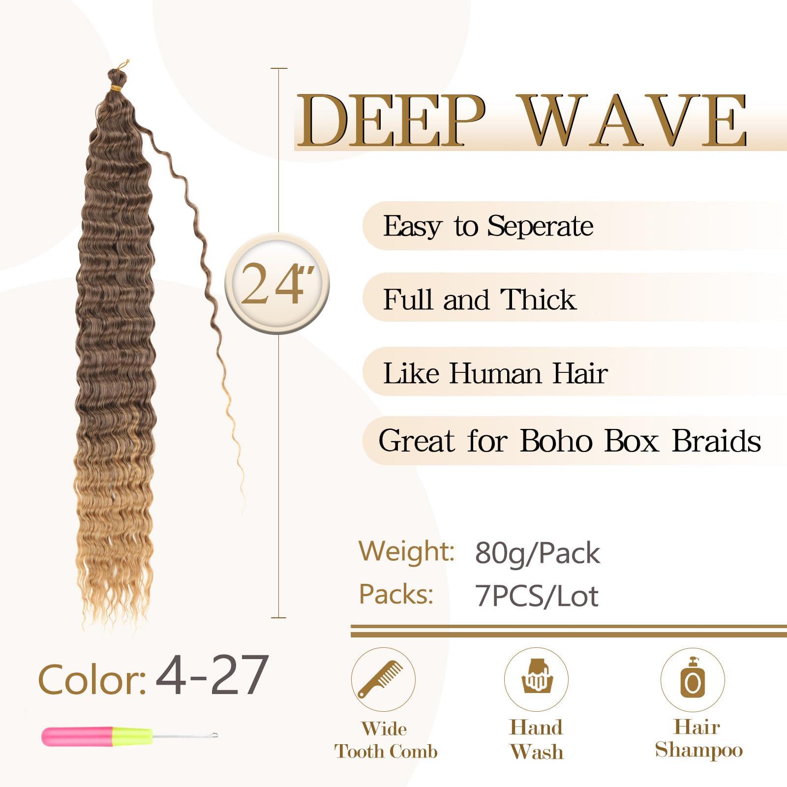 Love ORNAN Ocean Wave Crochet Hair 24 inch 7 Packs Long Deep Wave Curly Braiding Hair Soft Synthetic Curly Crochet Hair For Black Women(24 Inch, 4/27