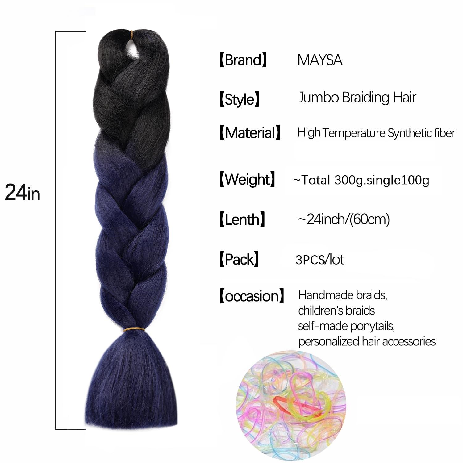 MAYSA Black Blue Braiding Hair Extensions Pre stretched braiding hair 3 Packs 24inch Soft Synthetic Jumbo Braiding Crochet Hair for Girls #Black-Blue