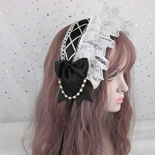 SANGHAI SANGHAI Women Bandana Lolita Ruffled Lace Headband Crisscross Ribbon Bow Pearls Chain Maid Hair Band Light Blue