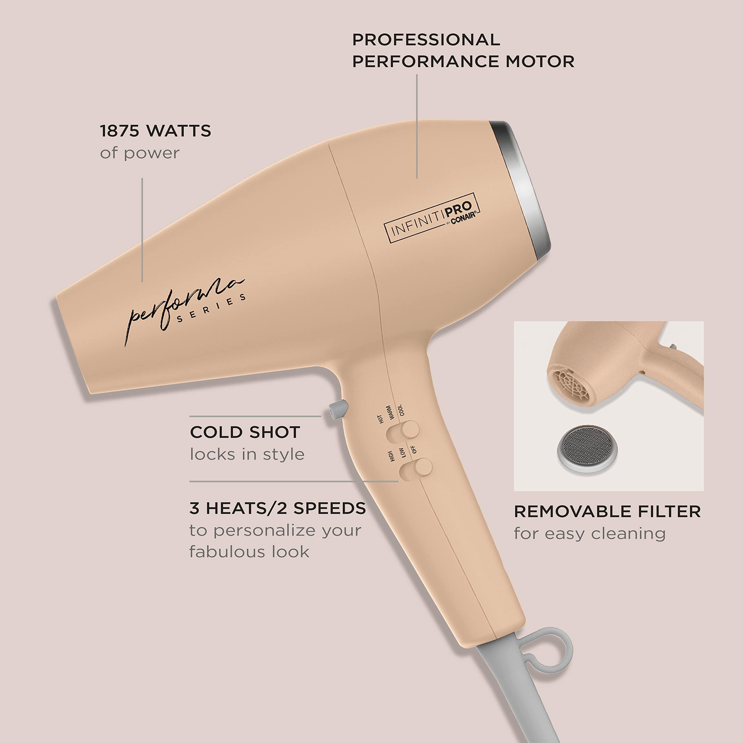 Conair Conair Infiniti Pro Hair Dryer with Diffuser plus 3 Other Attachments | Performa Series Hair Dryer | Blow Dryer with Professional Performance Motor | Blush Pink