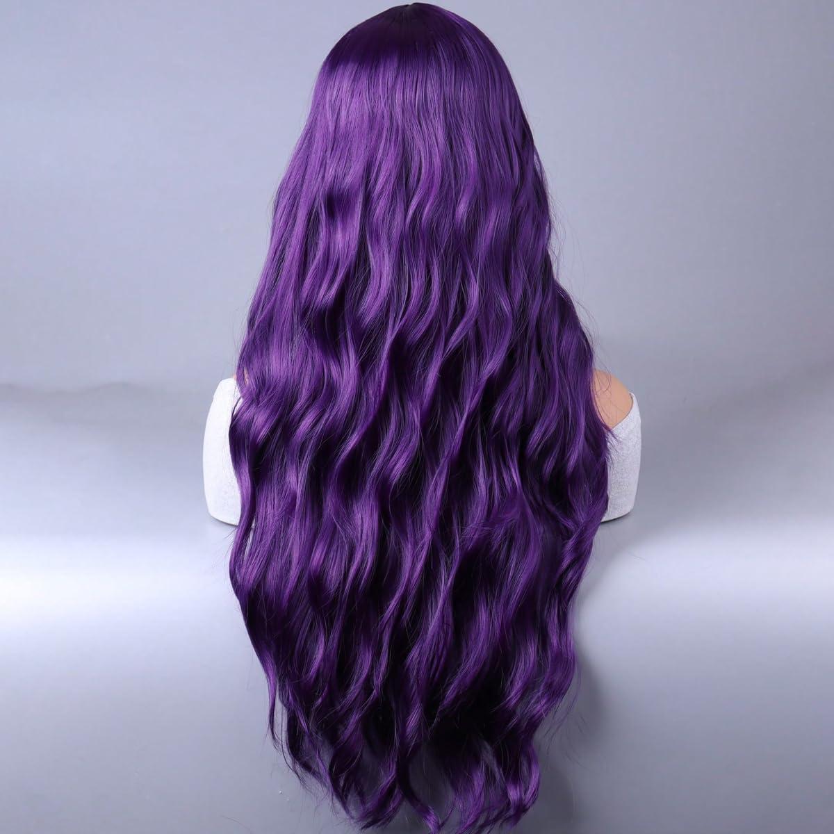 WTHCOS WTHCOS Dark Purple Long Curly Wavy Hair Wig for Women With Bangs Purple Wig Heat Resistant Synthetic Hair Wigs for Daily Use Cosplay Wig With Wig Cap