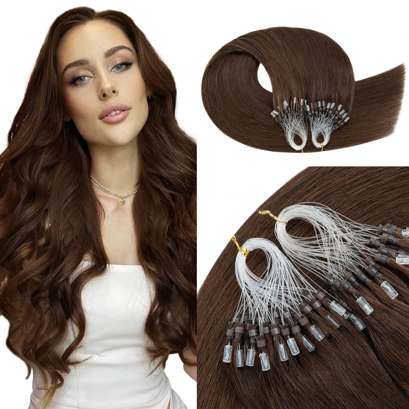 TESSHAIR TESSHAIR 16 Inch Microbead Hair Extensions Human Hair, Micro Ring Hair Extension Beads 100% Real Human Hair for Women, Natural Can be Washed Curled Dyed Permed, 50 Strands 50g #04 Medium Brown