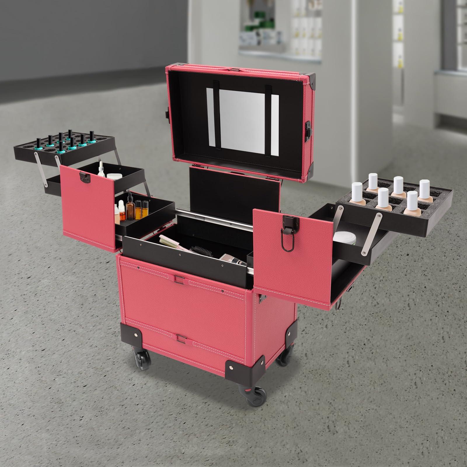 NOLANTISI NOLANTISI Makeup Rolling Train Case with Hairdryer Holder, Professional Cosmetic Case Hair Salon Trolley Stylist Beauty Station Travel Organizer Lockable Box with Hair Roller Holder (Rose)