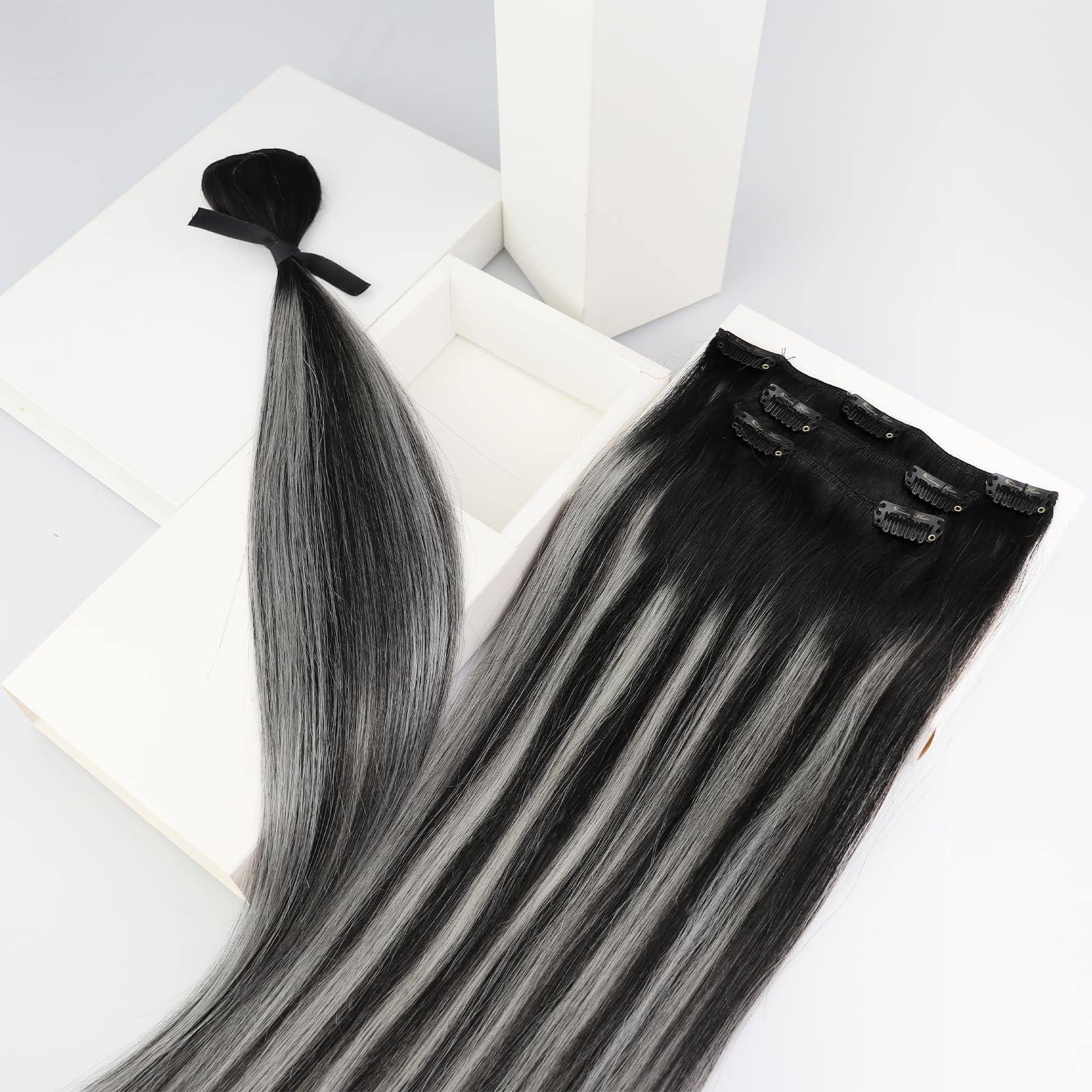 Sunny Hair Sunny Hair Clip in Hair Extensions Straight Human Hair Clip in Extensions Remy Clip in Hair Extensions Real Human Hair Extensions Clip ins Balayage Black Ombre Silver Grey 14inch