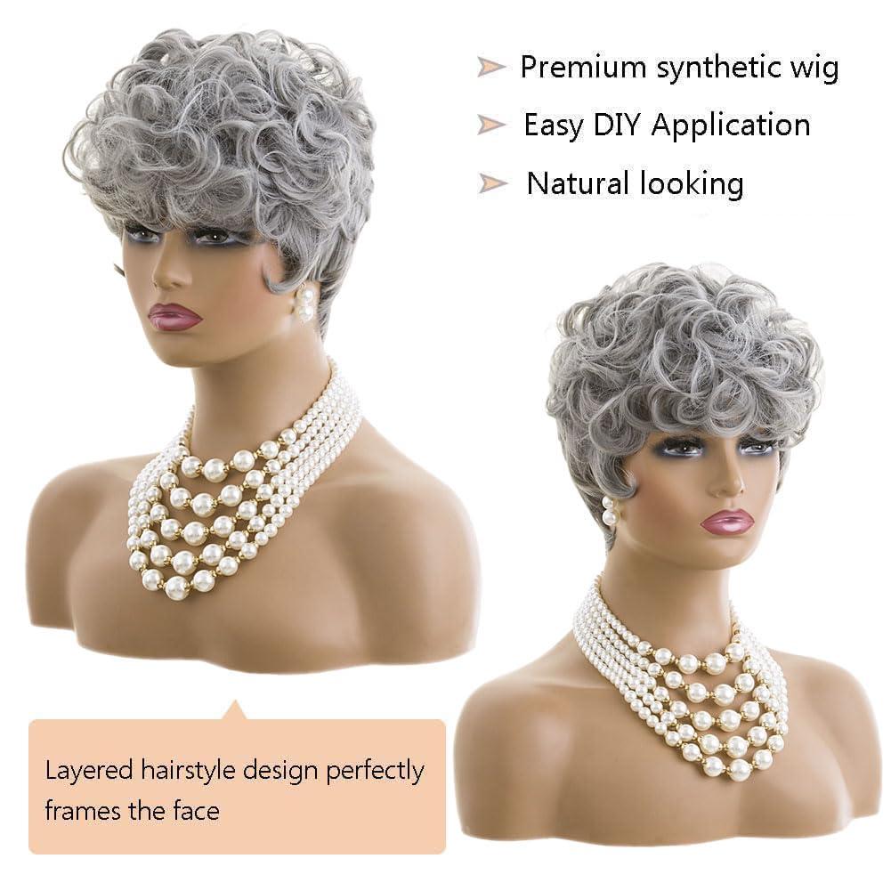 MOONSHOW MOONSHOW Grey Pixie Cut Wig Short Grey Wigs for Black Women Pixie Cut Wig Short Pixie Gray Wigs for Blcak Women Synthetic Pixie Wig Natural Wavy Short Curly Gray Pixie Cut Wigs for Old Women(Grey)