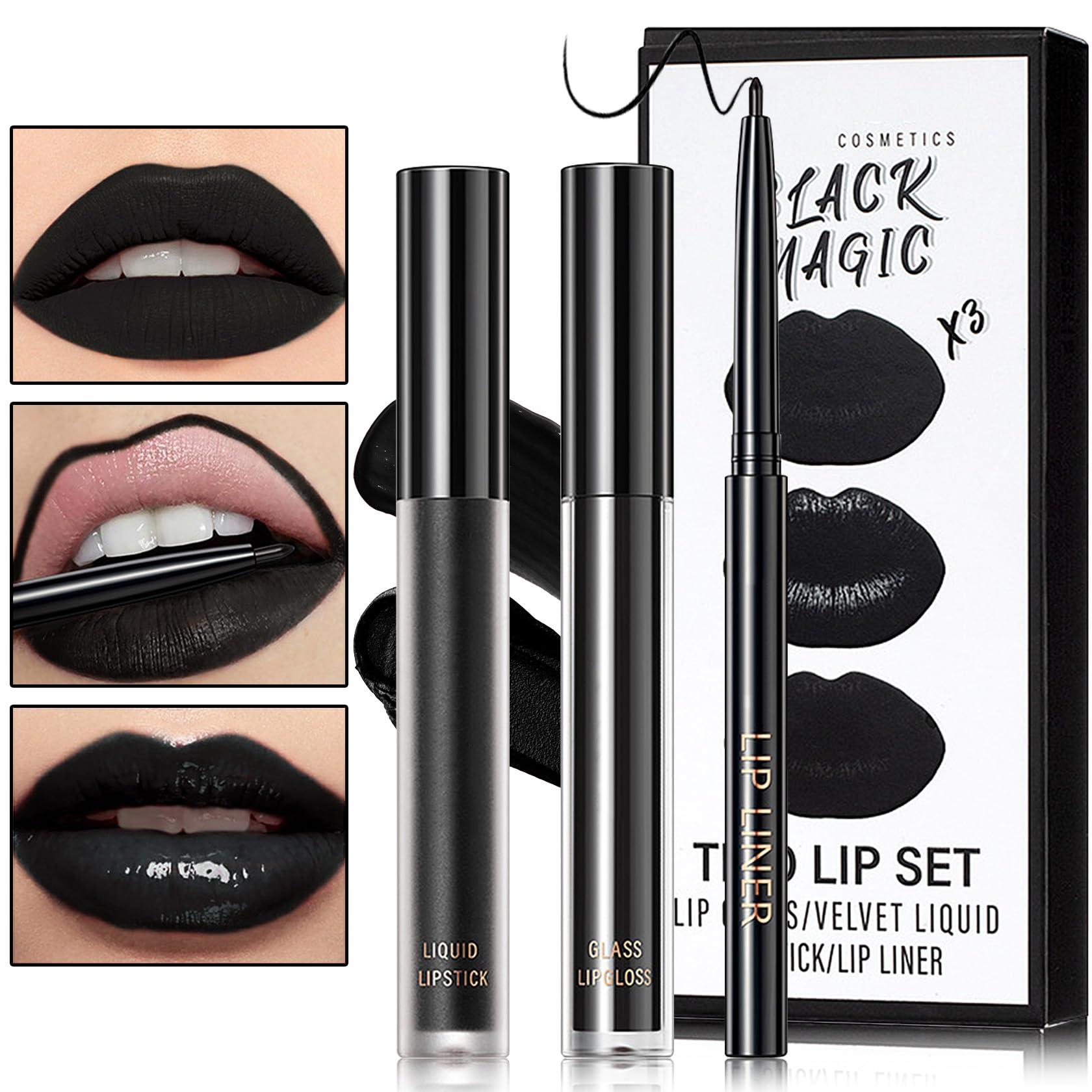 BKPPLZP Black Matte Liquid Lipstick,3 in 1 Black Lip Liner and Lipstick Set,Matte Lip Gloss Long Lasting Moisturizing Velvet Lipgloss Make Up Gift Set Cosplay Goth Halloween Special Effects Makeup Kit